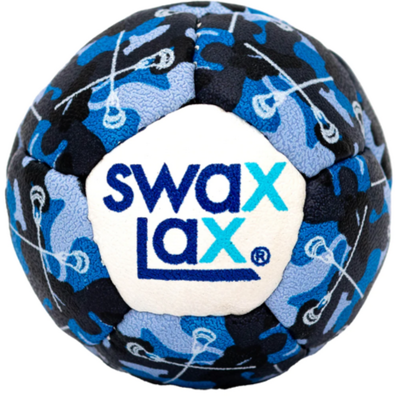 Original Swax Lax Lacrosse Training Ball showing 'Swax Lax' logo blue camo sticks colour