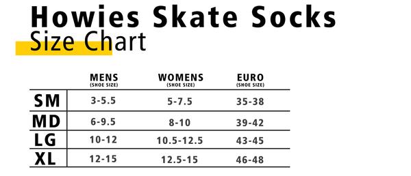Howies Hockey Pro Style Skate Socks size chart (Small, Medium, Large, XL)