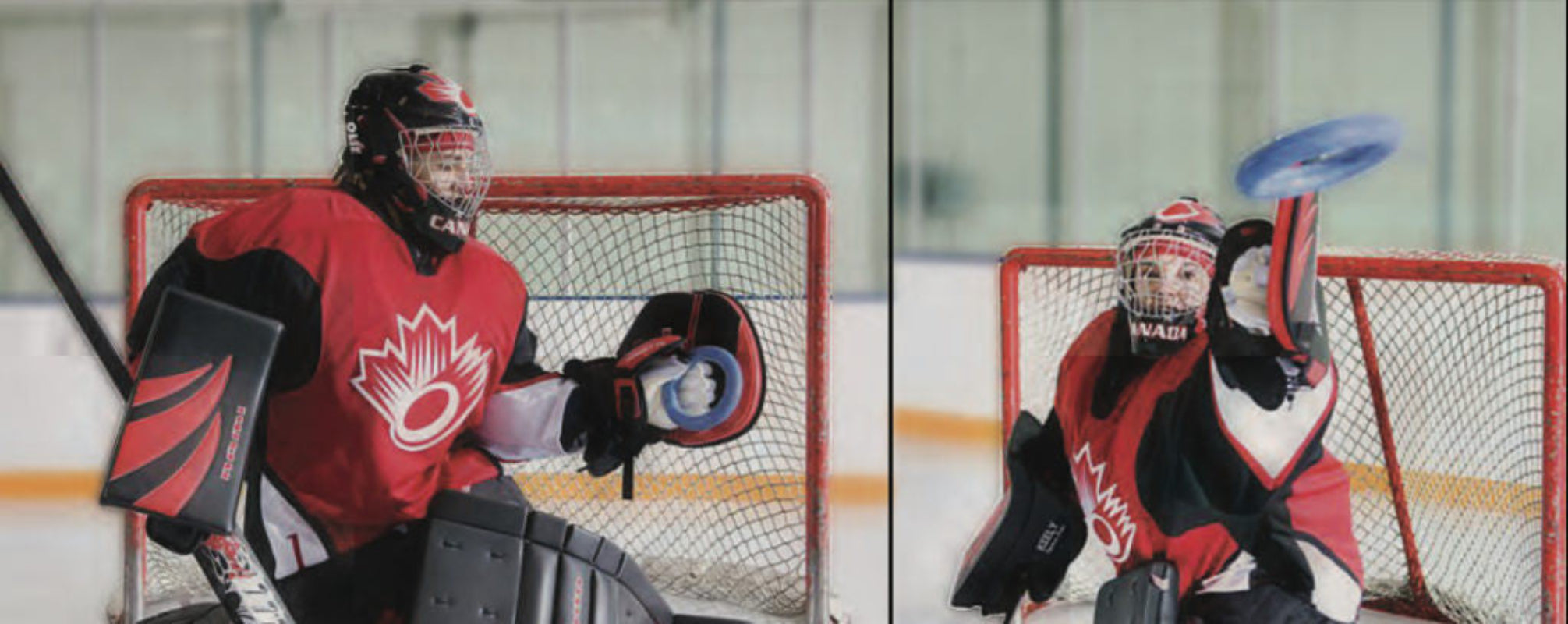 Nami Ringette Goalie Trapper Senior white 2 photos of goalie catching and blocking ring