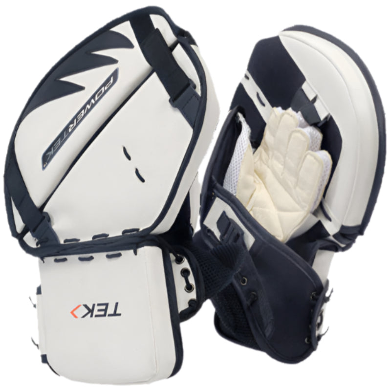 Powertek Ringette Goalie Glove Trapper Junior white back and front (palm)