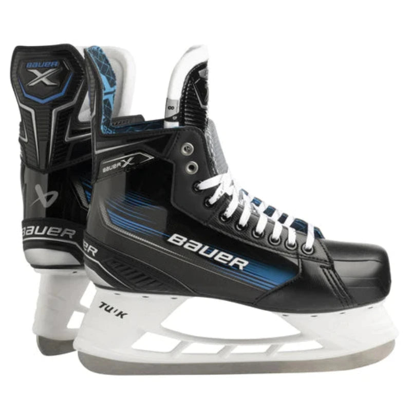 Bauer Hockey Skates Bauer X Junior (2023) Black Blue back of one skate and the side facing right of the other