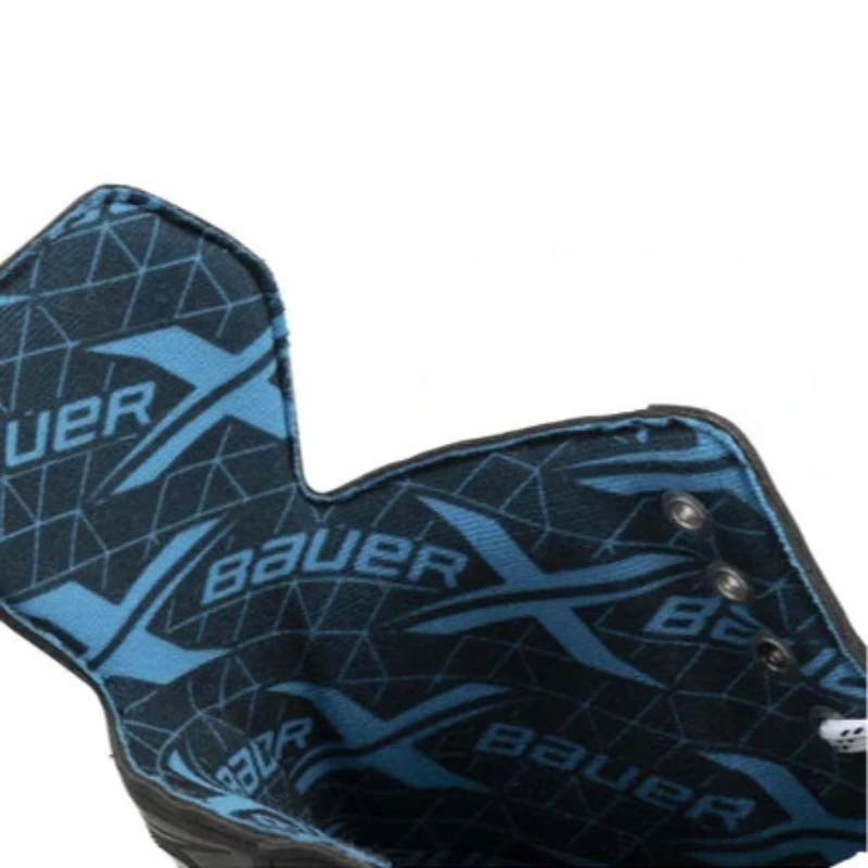 Bauer Hockey Skates Bauer X Junior (2023) Black Blue close-up of opening showing inside and Bauer X logos in blue