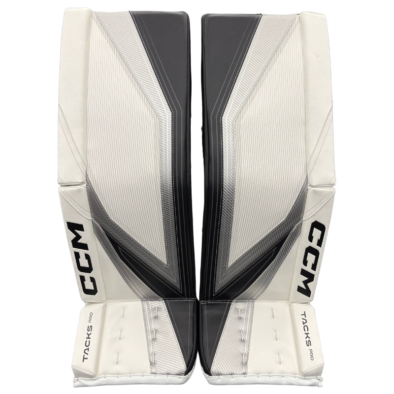 CCM Hockey Goalie Protective Gear CCM Tacks Pro Custom Hockey Goalie Leg Pads White Black Silver