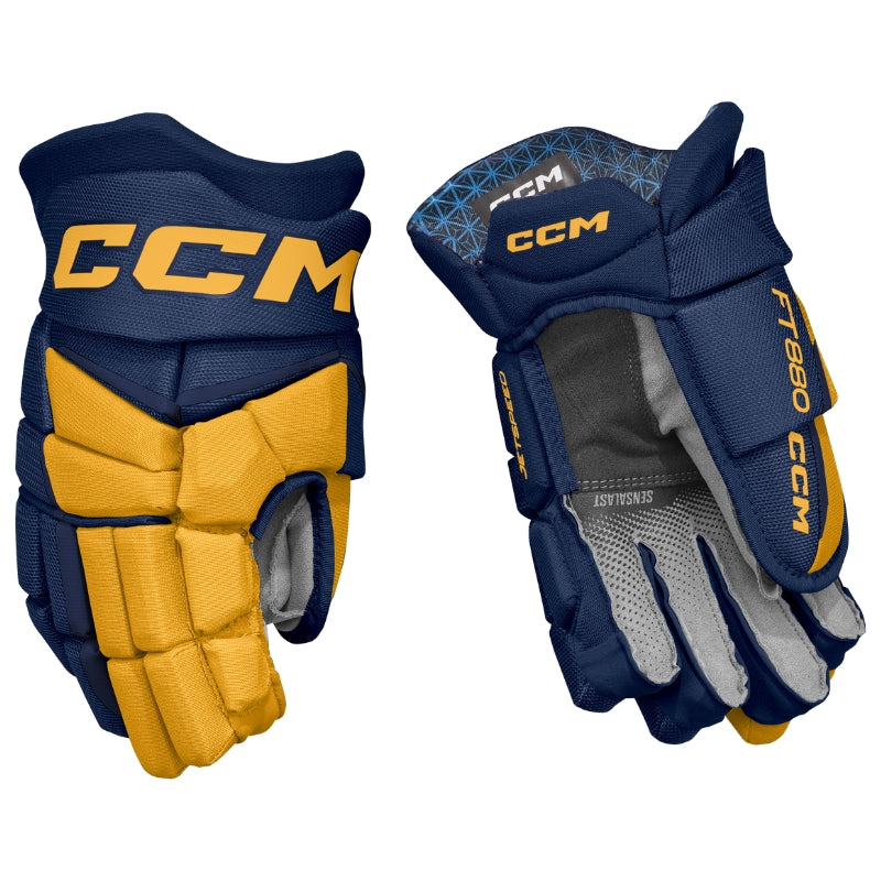 CCM Hockey Protective Gear CCM Jetspeed FT880 Hockey Gloves Junior 2025 HGFT880-JR Navy Sunflower