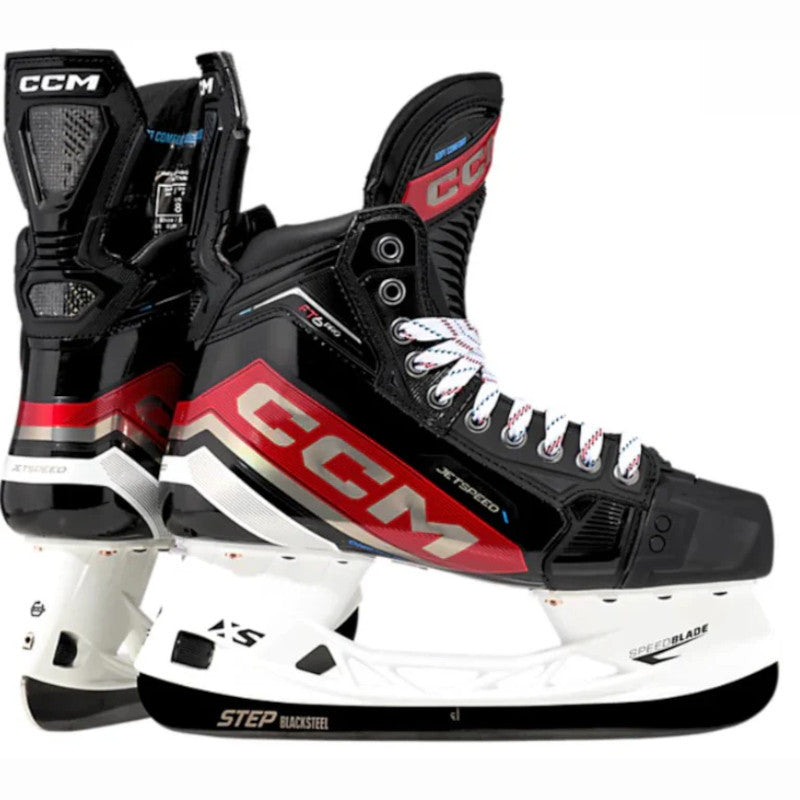 CCM Hockey Skates CCM Jetspeed FT6 Pro Intermediate Black Red back of one skate and the side facing right of the other