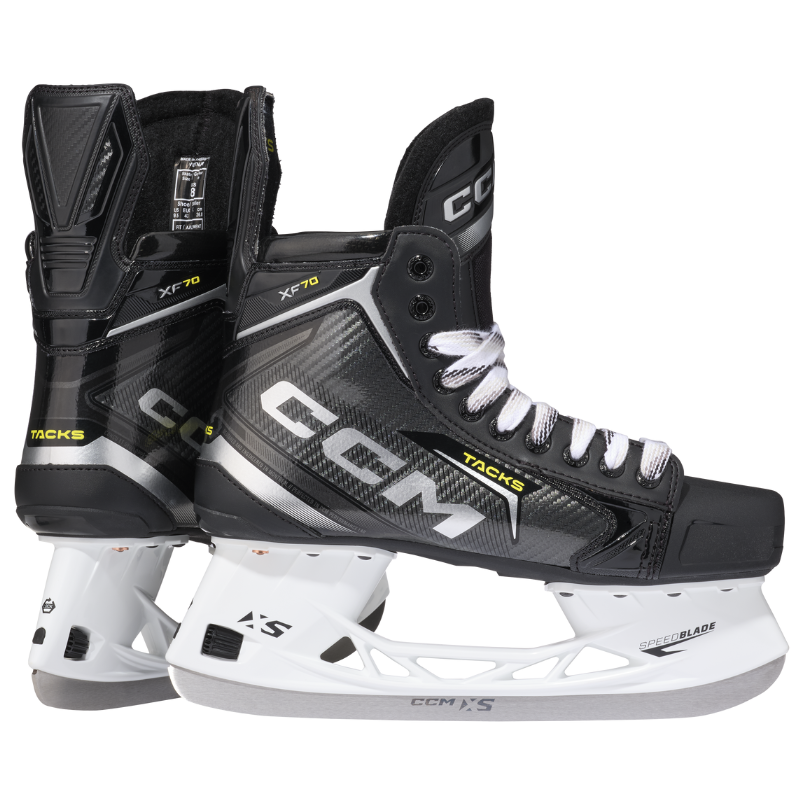 CCM Hockey Skates CCM Tacks XF 70 Intermediate (2024) Black Gray back of one skate and the side facing right of the other