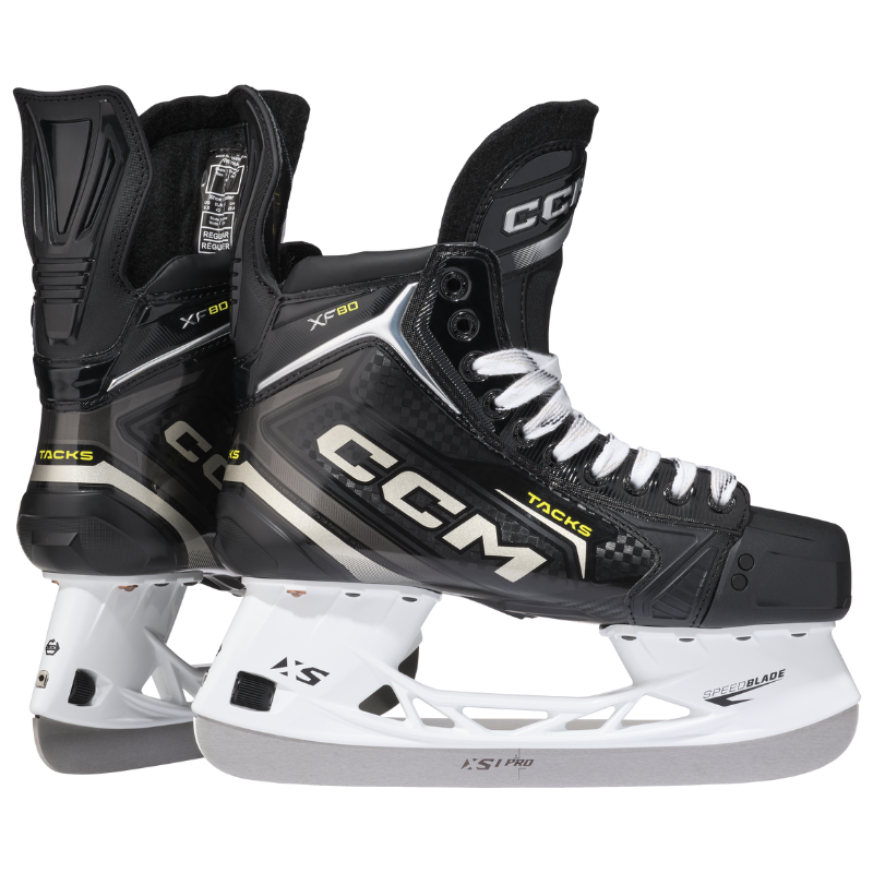 CCM Hockey Skates CCM Tacks XF 80 Senior (2024) Black back of one skate and the side facing right of the other