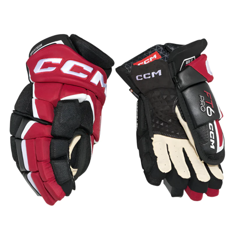 CCM Jetspeed FT6 Pro Hockey Gloves Senior 2023 black/red/white back of right glove and front (palm) of left glove