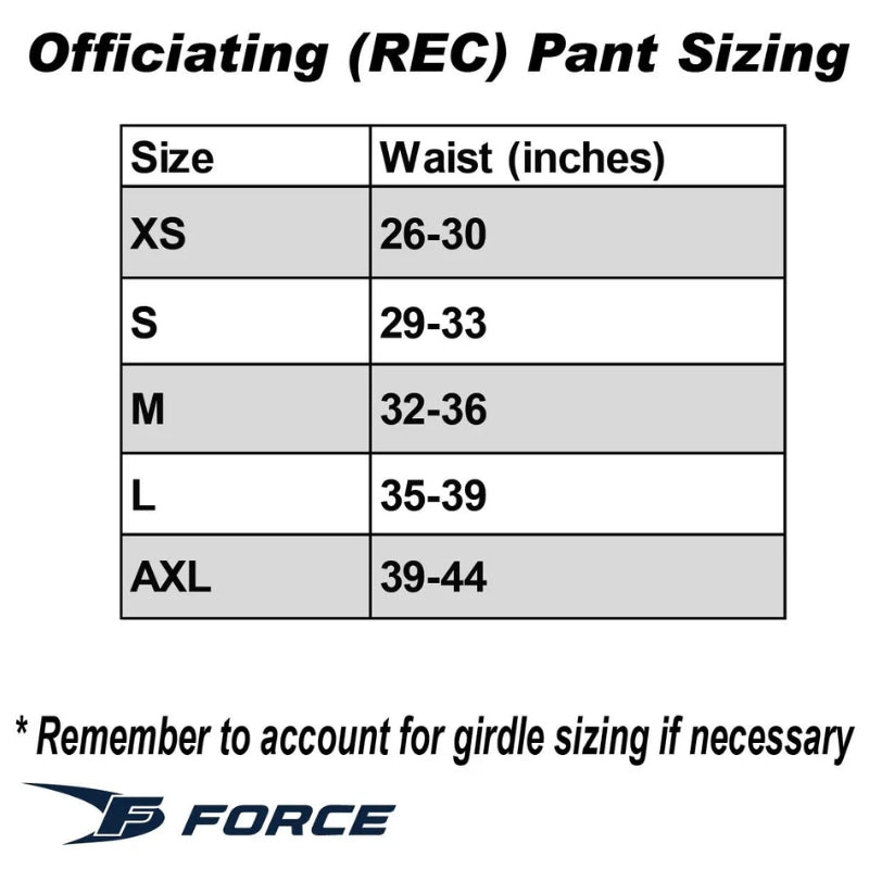 Force Officiating Pants Force Recreational Referee Hockey Pants Senior Size Chart