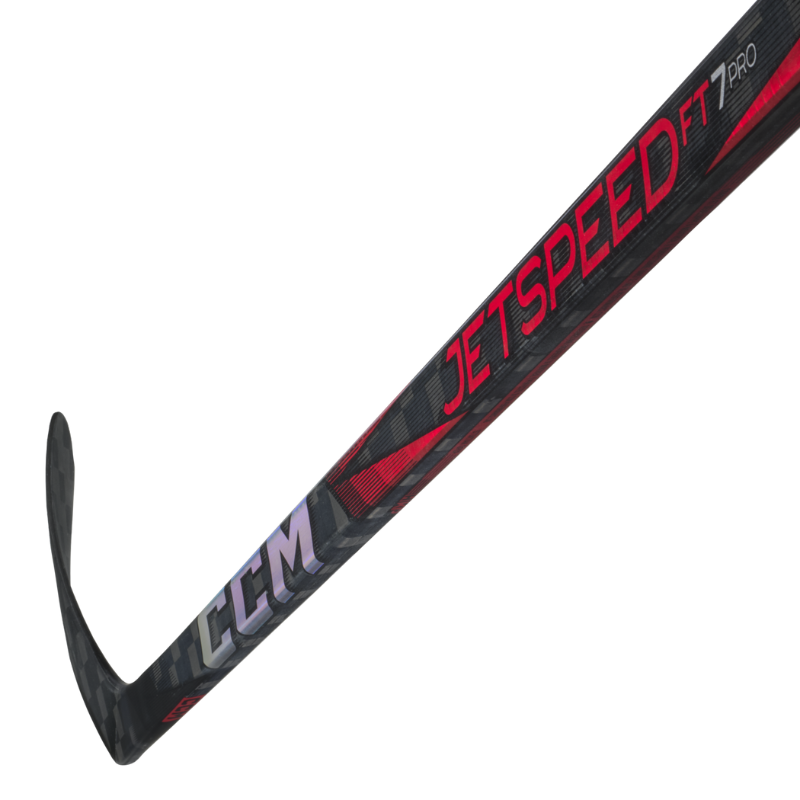 CCM JetSpeed FT7 Pro Hockey Stick Senior 2024 close-up of shaft showing logo and blade pointing to the upper left