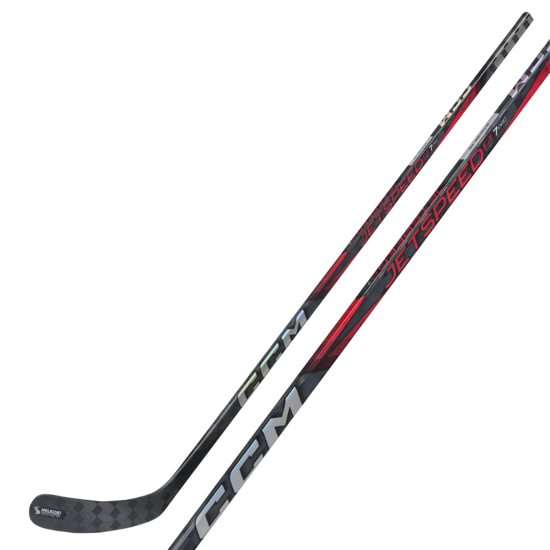 CCM JetSpeed FT7 Pro Hockey Stick Senior 2024 side diagonal with blade pointing left, and close-up of shaft showing logo