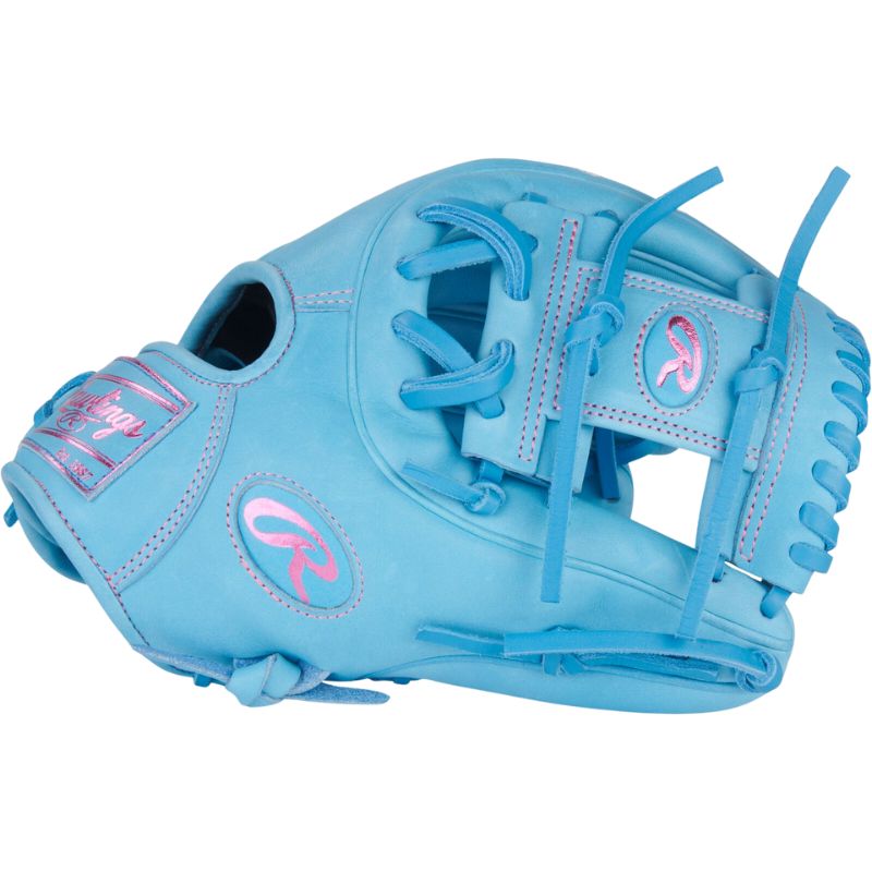 Rawlings Baseball Gloves Rawlings Heart of the Hide 11.5-inch Columbia Blue Infield Adult Blue/Pink side showing webbing PROR314-2CBCB