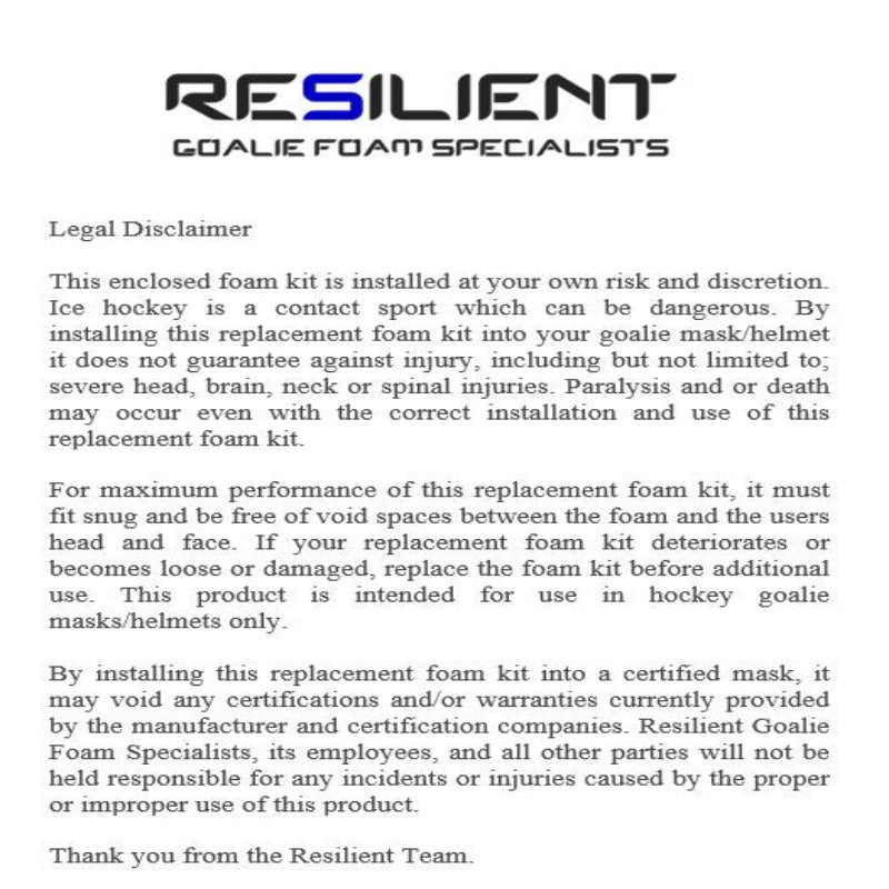 Resilient Hockey Goalie Accessories Resilient Legal Disclaimer
