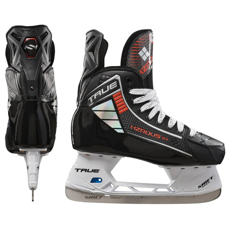 TRUE Hockey Skates TRUE HZRDUS 5X Senior Black Orange back of one skate and the side facing right of the other