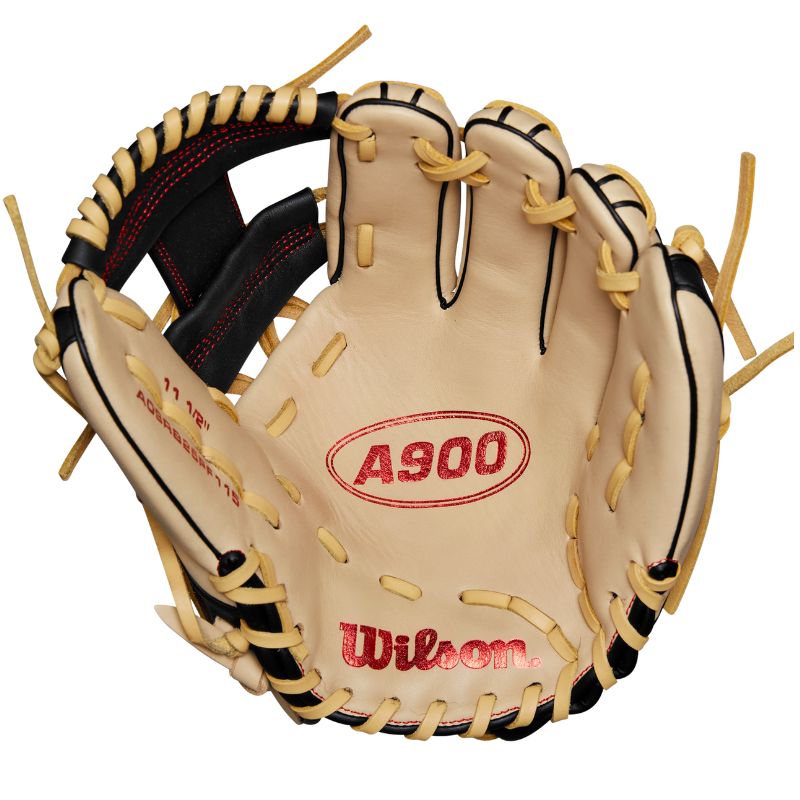 Wilson Baseball Gloves Wilson A900 PF115 Pedroia Fit 11.5-inch Infield (2024) Youth Blonde/Black/Red WBW102570 RHT Right-hand throw