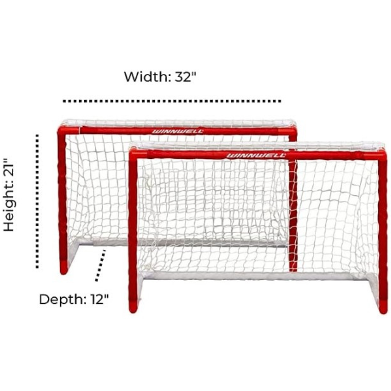 Winnwell Double PVC Mini Net Set with 2 Sticks & Ball front showing 2 nets and dimensions: Width (32"), Height (21"), Depth (12")