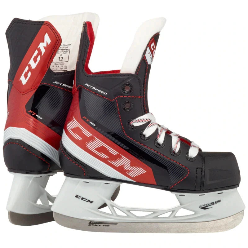 CCM Hockey Skates CCM Jetspeed FT485 Youth Black Red back of one skate and the side facing right of the other
