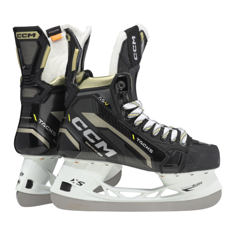 CCM Hockey Skates CCM Super Tacks AS-V Senior Black Gold back of one skate and the side facing right of the other