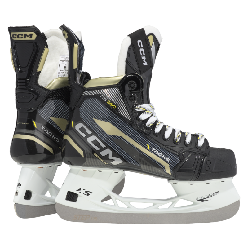 CCM Hockey Skates CCM Super Tacks AS590 Intermediate Black Gold back of one skate and the side facing right of the other